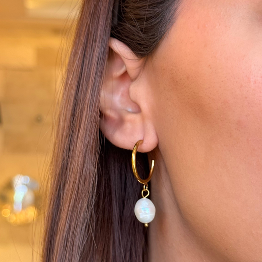 Pearl drop golden hoops
