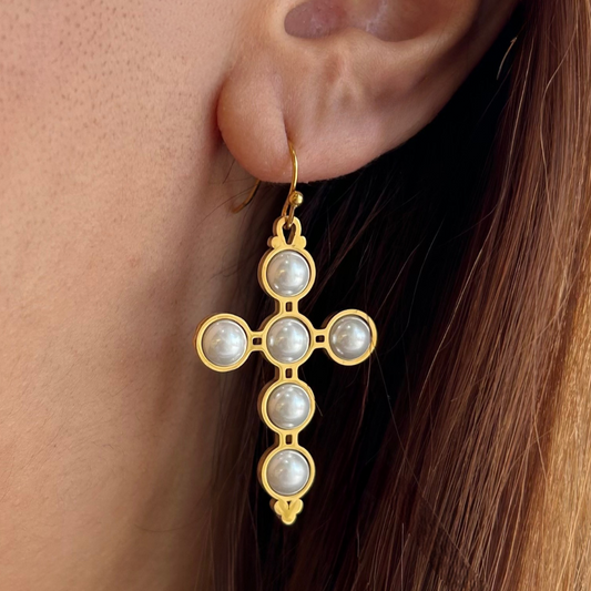 Cross pearl drop golden earrings