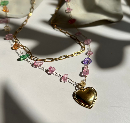 Colorful stones heart double necklace