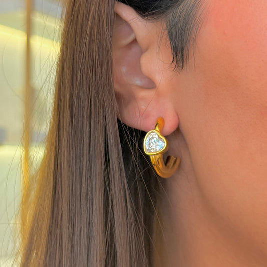 Bezel Heart Golden Hoops